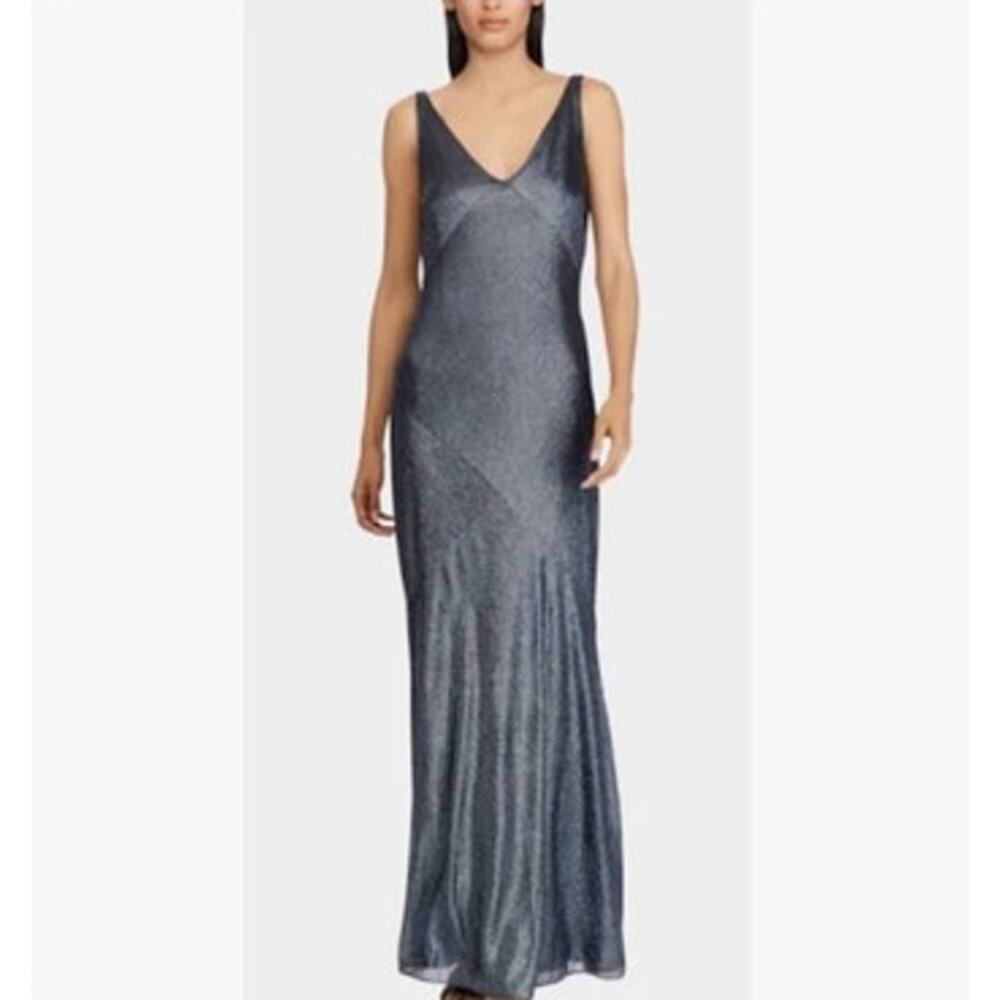 Lauren Ralph Lauren Evening Womens Kendalyn Metallic Gown 14 Navy Maxi Dress